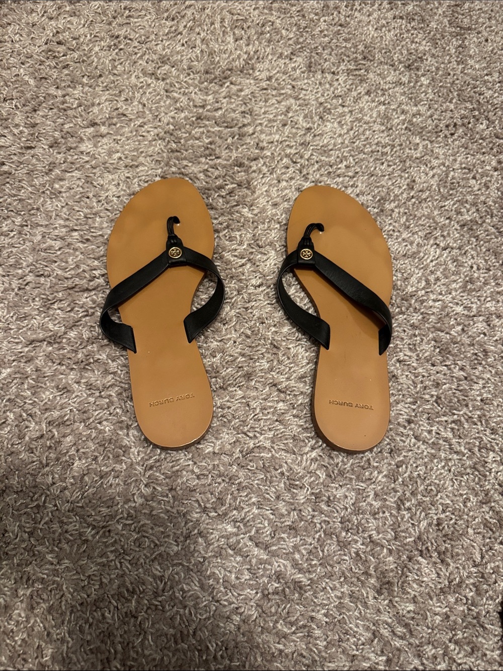 Tory Burch Black Strap Tan Footbed Logo Thong Sandals